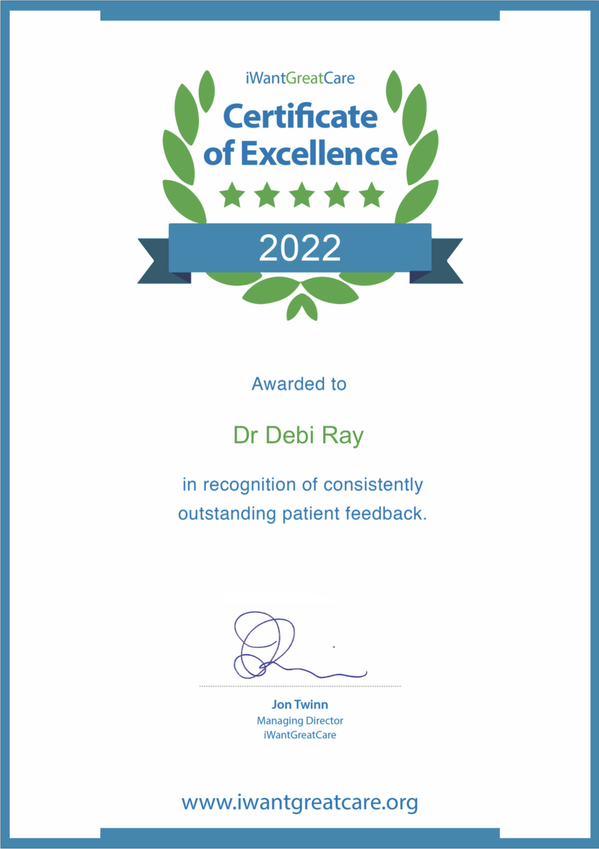 Dr Debi Ray Certificate of Excellence